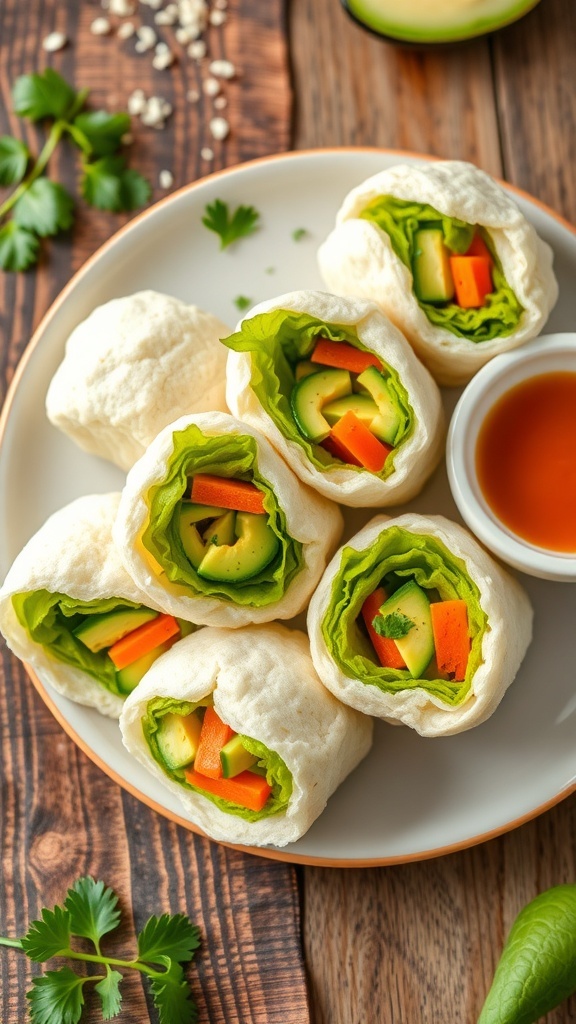 Cloud Bread Avocado Veggie Rolls Recipe Cloud bread veggie rolls filled with avocado, lettuce, cucumbers, and carrots on a rustic wooden table.